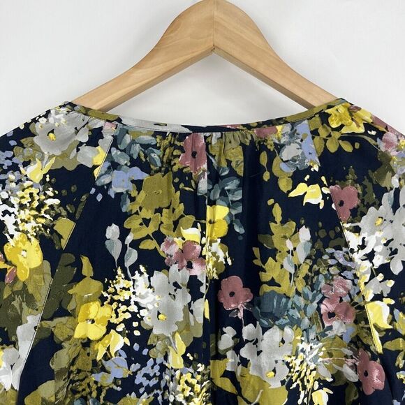 J Jill Top Size Medium Navy Yellow Floral Long Sleeve Button Front Tunic Blouse - Picture 6 of 8